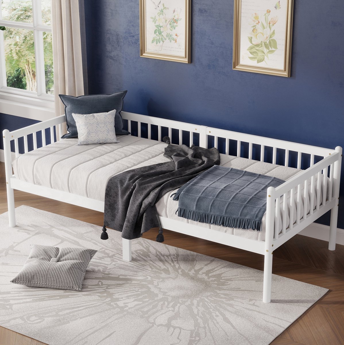 MIVRAY Bedbank 90x200 cm - Eenpersoonsbed Met 3-Zijdige Uitvalbeveiliging En Lattenbodem - Zonder Matras - Grenenhout - Wit