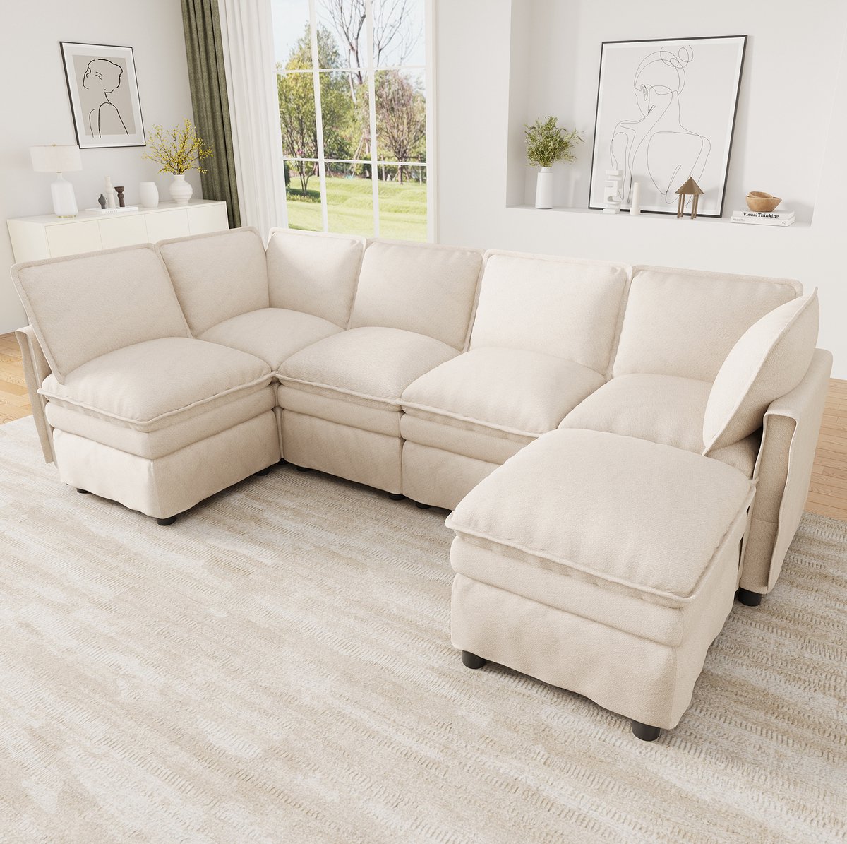 MIVRAY Bank 344 Cm - XXL Modulaire Hoekbank Met Slaapfunctie En Verplaatsbare Hocker - Voor Woonkamer En Bureau - Chenille Beige