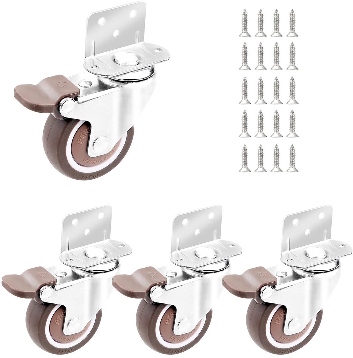 4 meubelwielen met rem, L-type wielen Ø 50 mm, L, verticale houder, meubelwielen, zwenkwielen met rem, rubberen wielen voor meubels