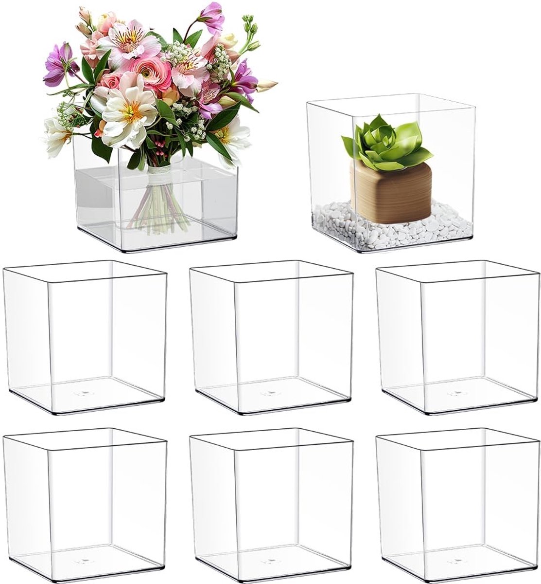 Dailygoods- Vazen Set van 8 - Doorzichtige Acryl Vazen - Onbreekbaar - Moderne Kubus 15,91 cm - Bloemplantenpotten - Tafeldecoraties - Bloempot