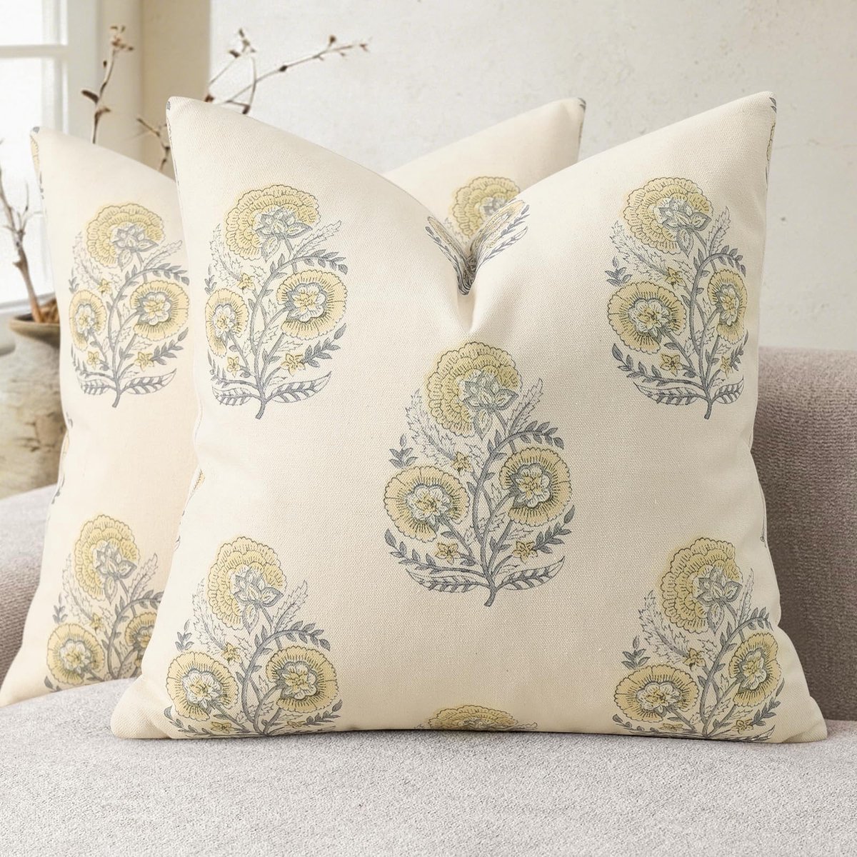 Vintage Bloemendruk Kussenhoes 45x45 Set van 2 Bloemen Kussenhoezen, Bankkussens Modern Design Decoratiekussens voor Bank Fauteuil Stoel Bed Woonkamer Woondecoratie Zachtgeel