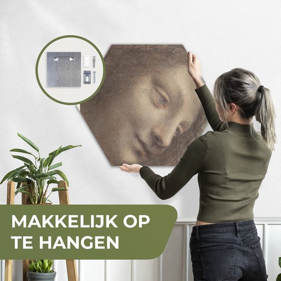 Hexagon wanddecoratie - Kunststof Wanddecoratie - Hexagon Schilderij - The Head of the Virgin - Leonardo da Vinci - 75x65 cm