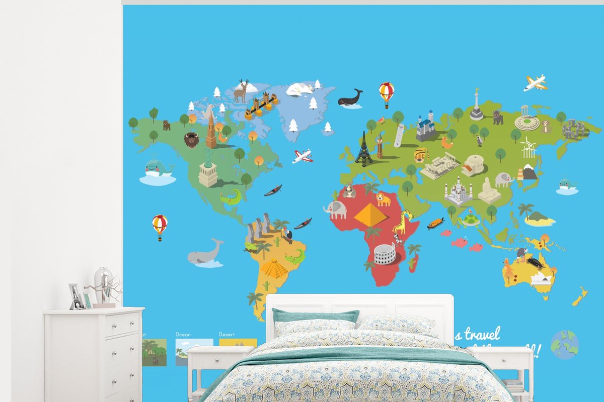 Behang - Fotobehang Wereldkaart Kinderen - Modern - Symbolen - Breedte 300 cm x hoogte 240 cm