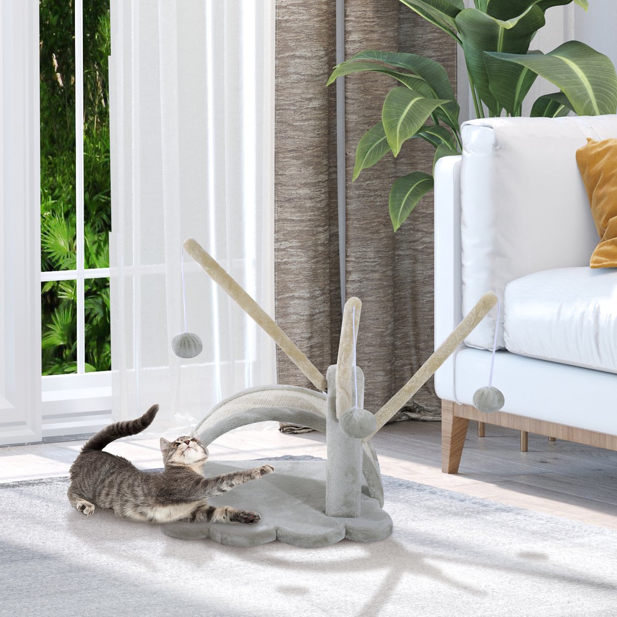 Kattenboom, 40 cm: kleine kattenboom met grot, 2 speelballen, krabmat, krabpaal, klimboom, voor kleine en grote katten, lichtgrijs – foto 4