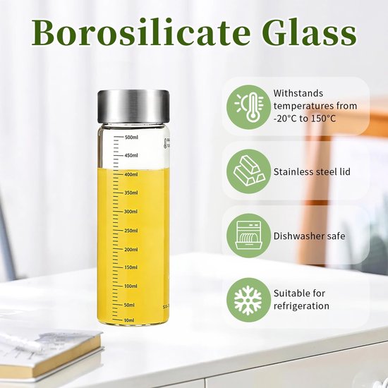 Dailygoods- Glazen Flessen 500 ml - Set van 4 - Roestvrij Stalen Deksel - Herbruikbaar - BPA-vrij - Met Maatschaal - Drankflessen van Dailygoods — afbeelding 4