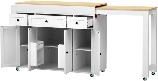 FloraGrace Keukeneiland Op Wielen - Uitschuifbaar Werkblad En 3 Lades - Voor Keuken En Eethoek - MDF - Wit Naturel - 137-190,6x45,2x92 cm — afbeelding 4