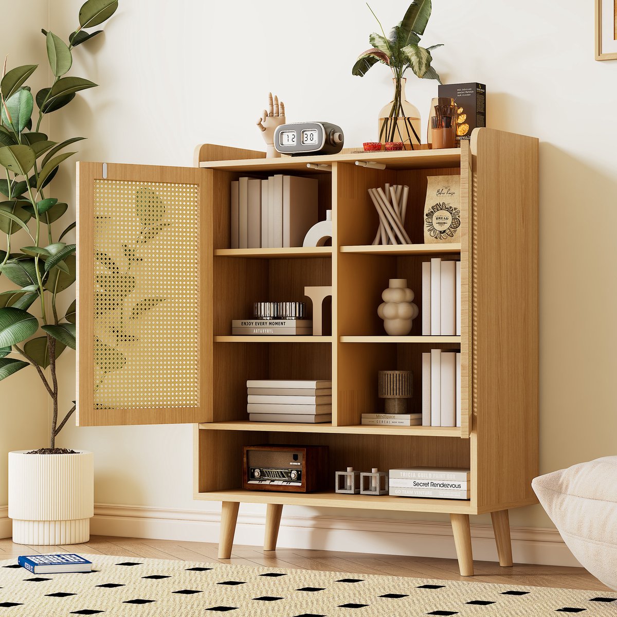 Zubaliya Schoenenkast - 80x35x105 cm naturel - push-to-open deuren - 5 planken - massief houten poten