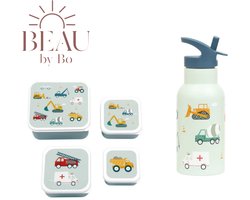 Bundel A Little Lovely Company Back to school set - Drinkfles RVS/4 Snackdozen - Voertuigen