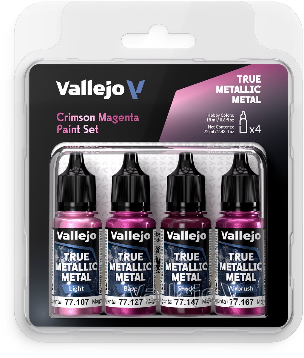 Vallejo Hobbyverf Acrylverf - 77261 True Metallic Metal - Karmozijn Magenta - Acryl Set 4x Verf set - 4x 18 ml