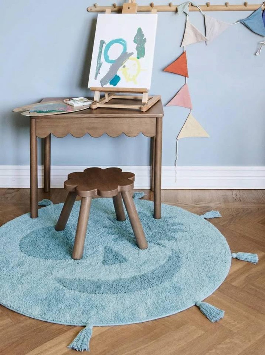 Smiley, Kinderkleed, Moderne Kinderen, Ø 100 cm, Rond, Laagpolig, Kinderkamer, Machinewas, Zonder gevaarlijke chemicaliën, Licht Blauw /