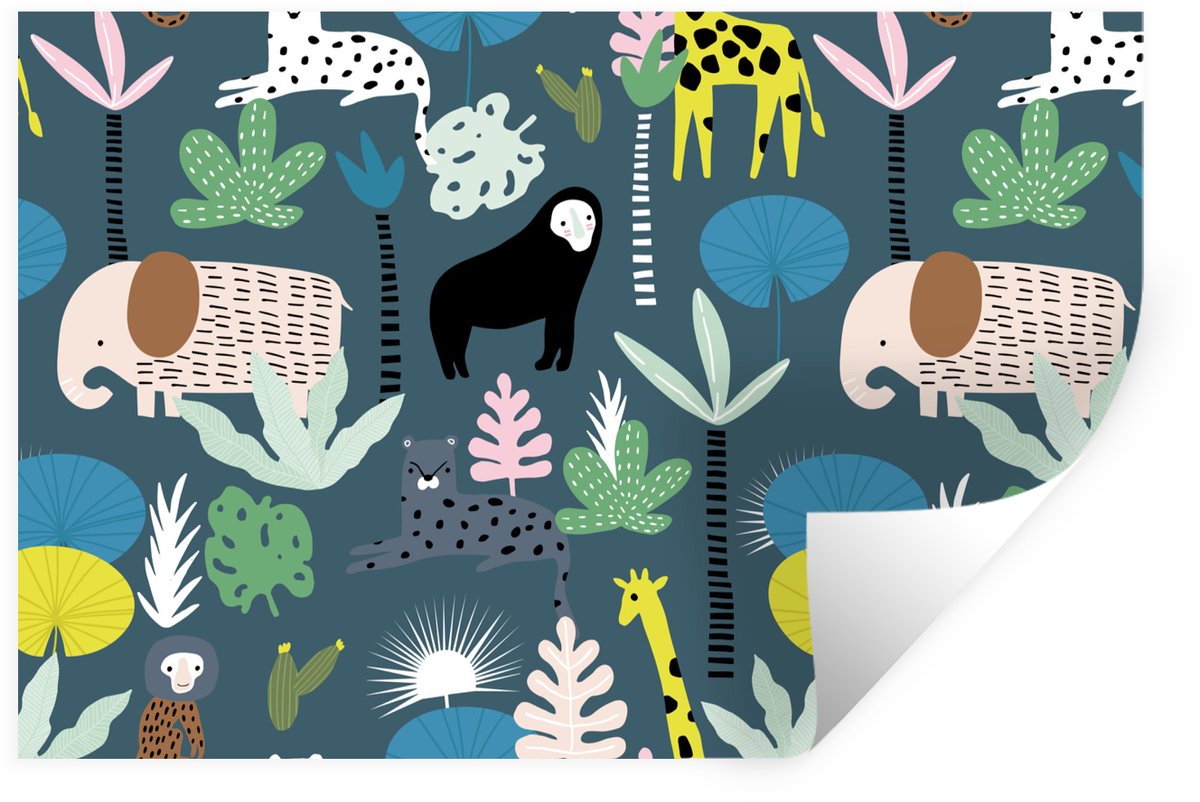 Muurstickers - Sticker Folie - Dieren - Planten - Jungle - Blauw - 90x60 cm - Plakfolie - 