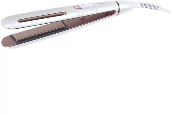 Witte Philips stijltang met roségouden accenten en digitaal display.