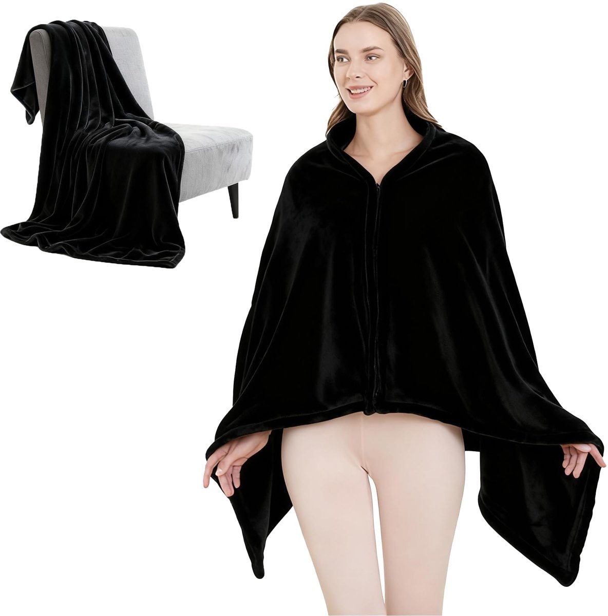 Flanellen poncho voor dames en heren, extra zachte wintercape als bankdeken, reisdeken en cadeau (150 x 80 cm), warme deken voor thuis, vliegtuig, kantoor en