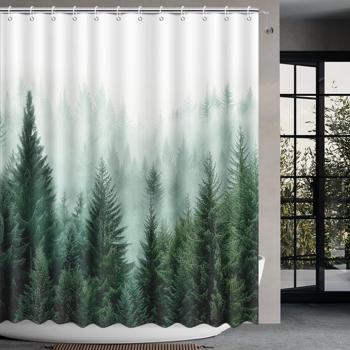 Douchegordijn, natuurlijk landschap, wit, groen, mist, wasbaar, douchegordijnen, retro, bos, textiel, waterdicht, badgordijn, badkuip met 12 haken