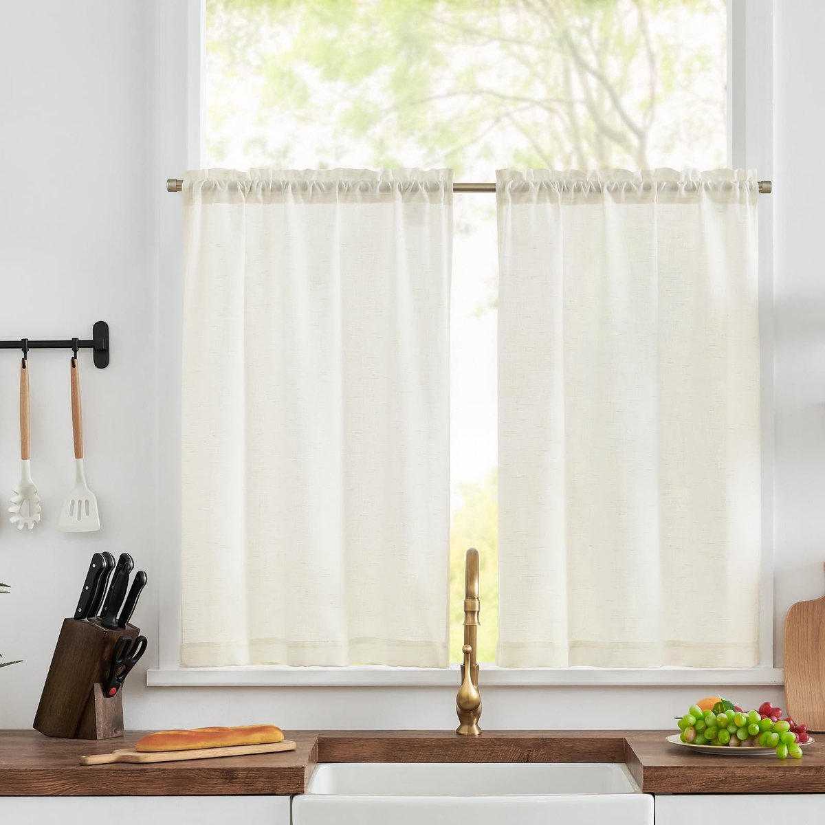 Vitrage, linnen bistrogordijn, halftransparant gordijn, blikdicht gordijn, gaas, sjaals, raamsjaal voor keuken, woonkamer, landelijke stijl, set van 2, 65 x 90 cm (b x h), naturel