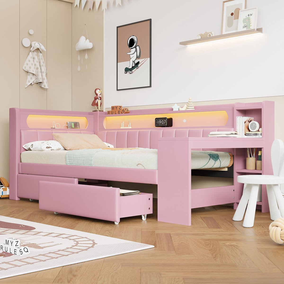 Slaapbank 90x200 cm - Gestoffeerd bed 90x200 cm - Eenpersoonsbed 90x200 cm - Met LED verlichting - USB aansluiting - 2 lade - Roze