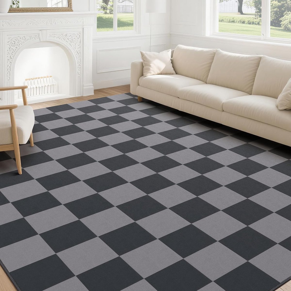 Vloerkleed 140×200 cm – superzacht – wasbaar & antislip – Ruitpatroon – Zwart-Grijs