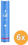Blauwe bus Taft Ultra haarspray met '6x' in een oranje cirkel.