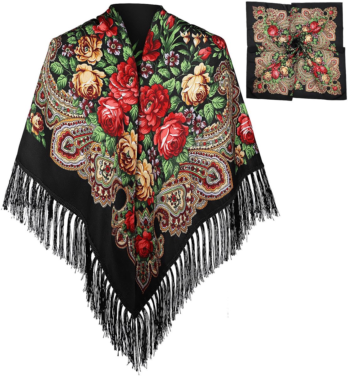 sjaal - etnische sjaal met franje - traditionele kledingaccessoire - warme keperstof katoenen sjaals voor herfst en winter - 135 x 135 cm sjaal geschenken voor vrouwen