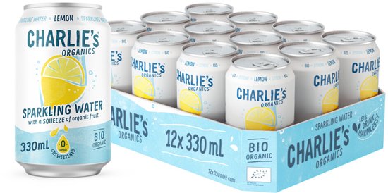 Doos met 12 blikjes Charlie's Organics Sparkling Water Lemon Bio. Een blikje toont een halve citroen met waterdruppels.