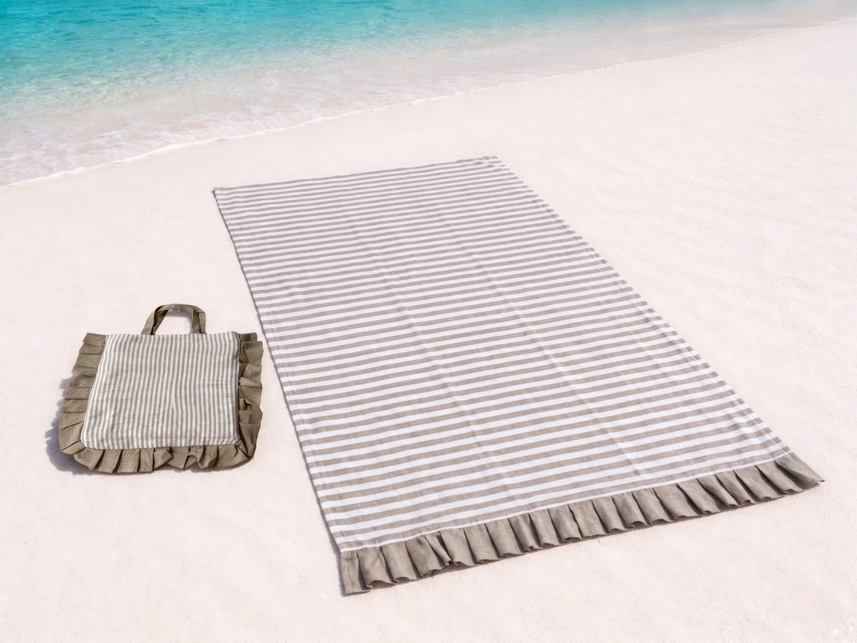 Strandlaken van licht katoen met ribbel, 180 x 80 cm, strandlaken met bijpassende tas, elegante strandset met strepen (natuurlijk)