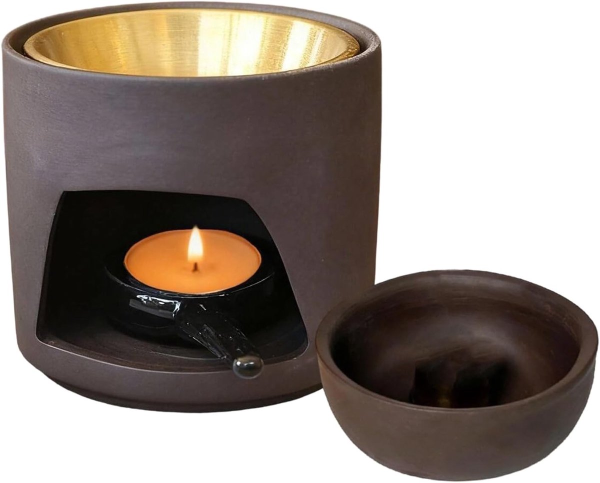 3-delige keramische wierookbranders met roestvrijstalen plaat voor oliën, was en meditatie - perfect voor aromatherapie en sfeervolle decoratie (zwart)