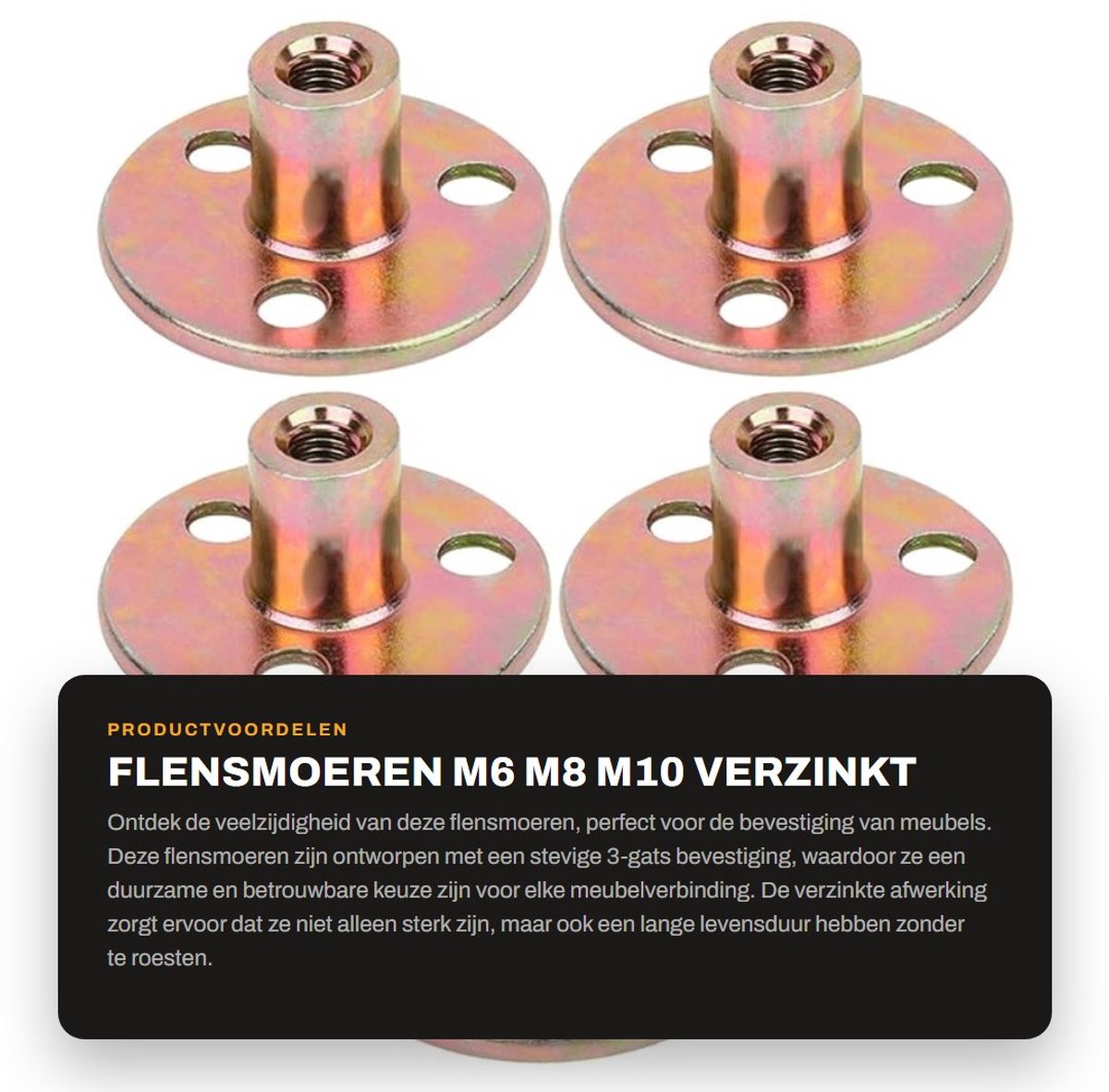 Dailygoods- Flensmoeren M6/M8/M10 - Verzinkt IJzer - 3-Gats Bevestiging - Ronde Basis - Meubelverbinding - Schokbestendig en Duurzaam - Meubelmoeren