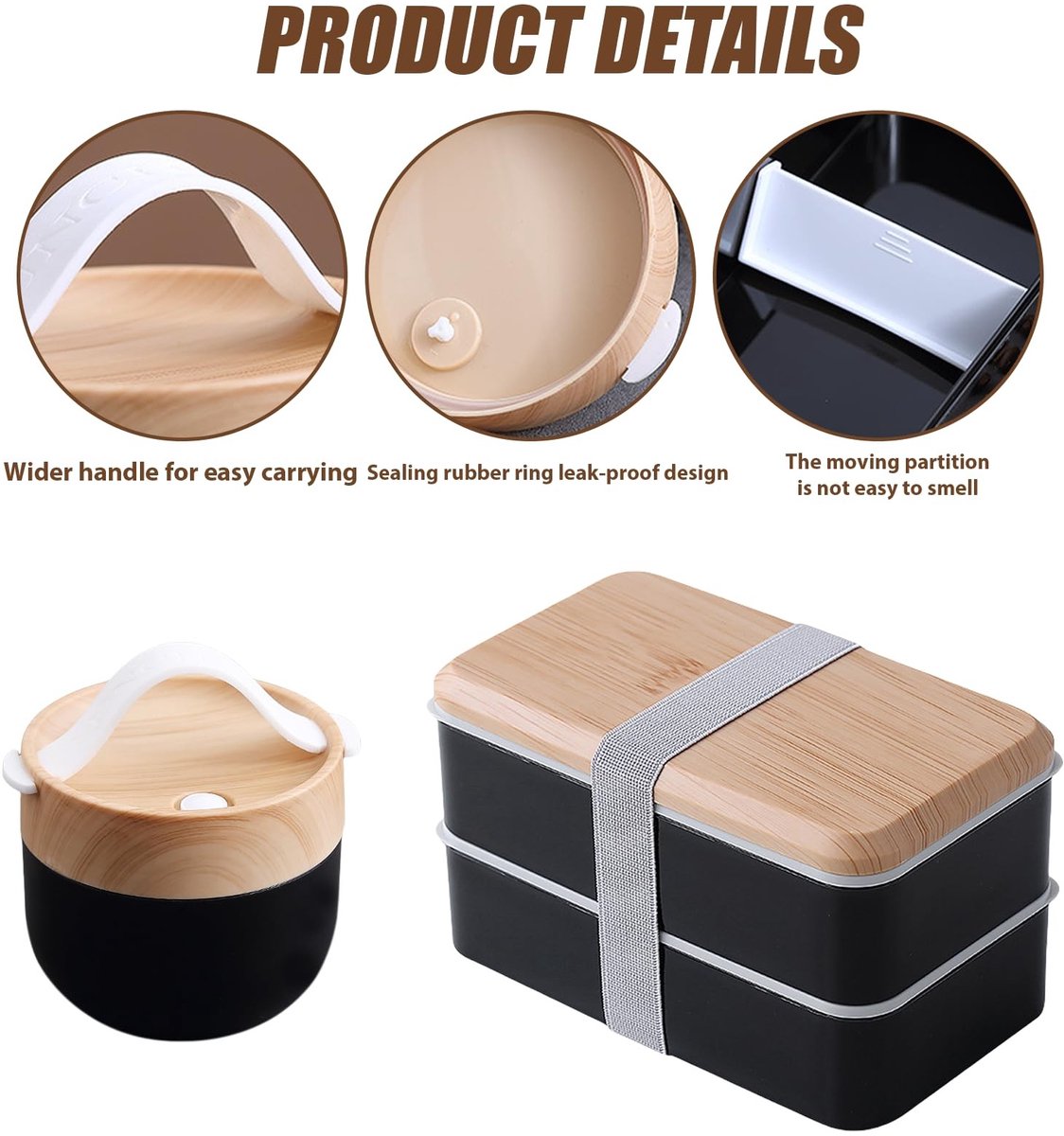 Dailygoods - 1400 ml Bento Box Japans: Bento Box voor volwassenen met soepkom en geïsoleerde tas, broodtrommel met vakken, stapelbaar, lunchbox voor volwassenen en kinderen, voor werk en school, lekvrij — cadeau in Koken & Dineren - foto 4