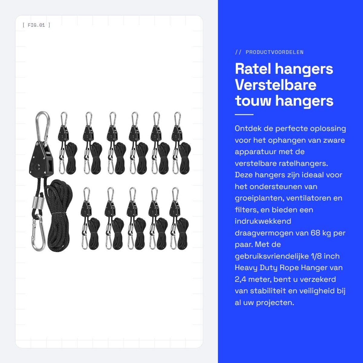 Dailygoods - Ratel hangers - Verstelbare touw hangers - 68 kg capaciteit - 1/8 inch - Voor groeiplanten, ventilators en filters - Ideaal voor camera-a...