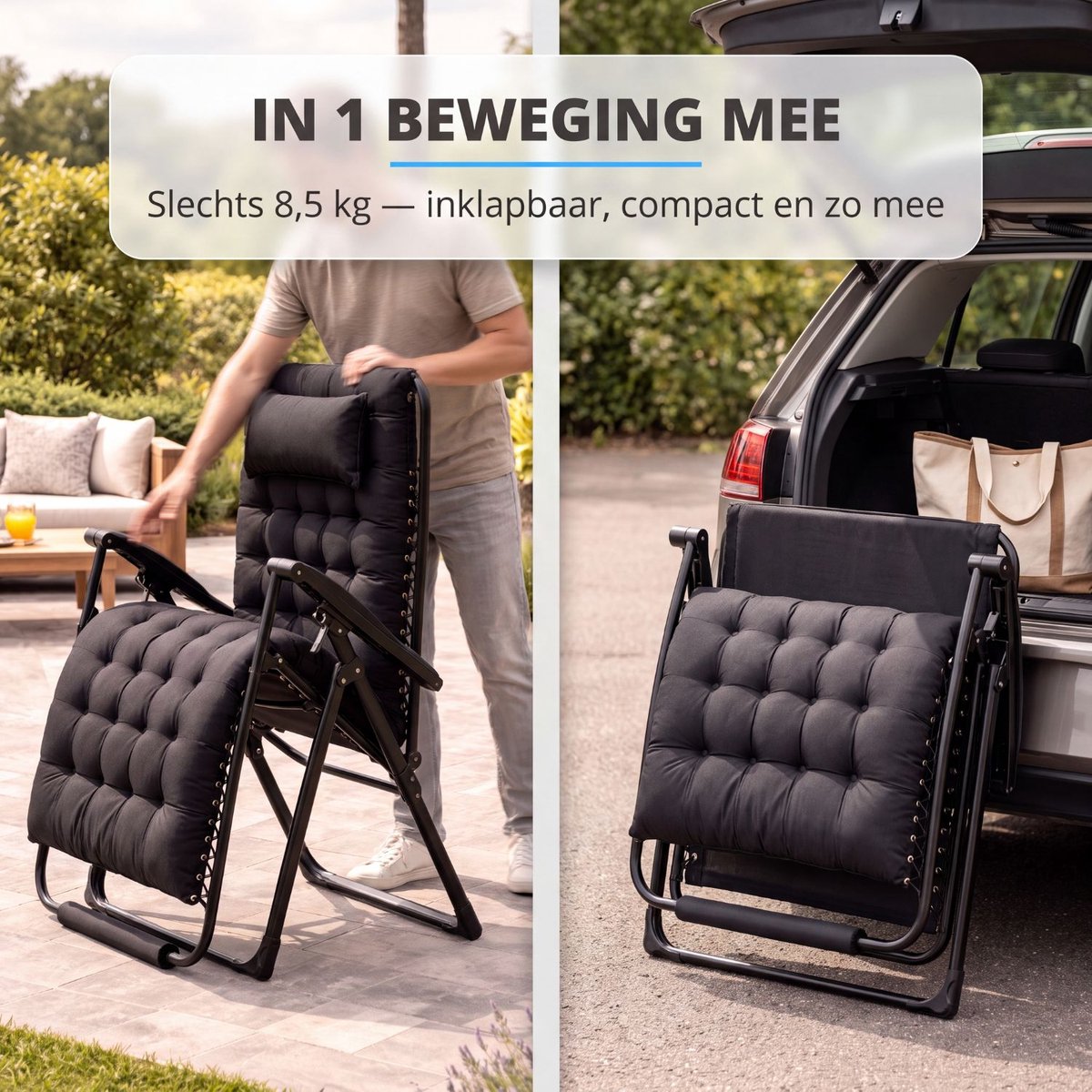 FlinQ 2x XL Relax Tuinstoelen Cloud Comfort Deluxe - Verstelbare Zero Gravity Relaxstoel - Extra breed - Extra dikke kussens - Hoofdkussen & Bekerhouder/Tafeltje - Ligstoel - Tuinmeubelen - Ideale Campingstoel - Ook voor Tuin of Balkon thumbnail 6