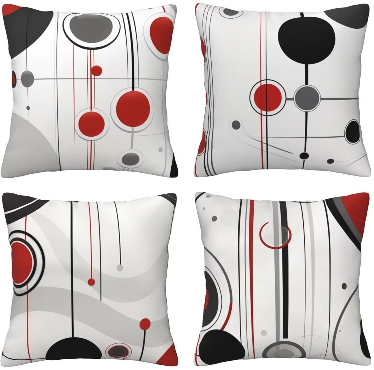 Set van 4 kussenslopen, sierkussenhoezen, rood-grijze cirkel, 65 x 65 cm, behaaglijk, kussenhoes met onzichtbare ritssluiting, zacht, wollig, bankkussen, wasbaar, voor terras, bank en woonkamer