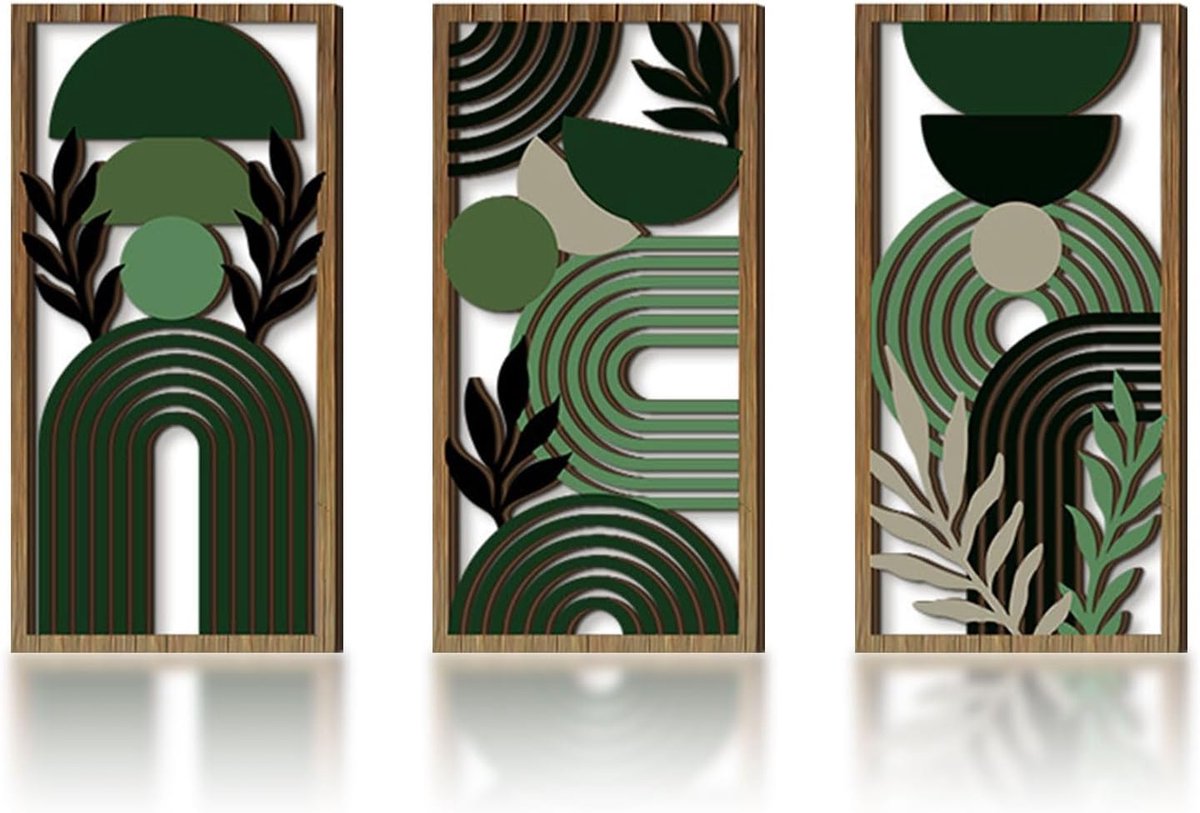 Groen Boho Wandkunst Set, Moderne Abstracte Kunstafdrukken Met Geometrische Minimalistische Afbeeldingen, Botanische Houten Wanddecoraties Voor Slaapkamer En Woonkamer,20 x 40 cm Zonder Lijst