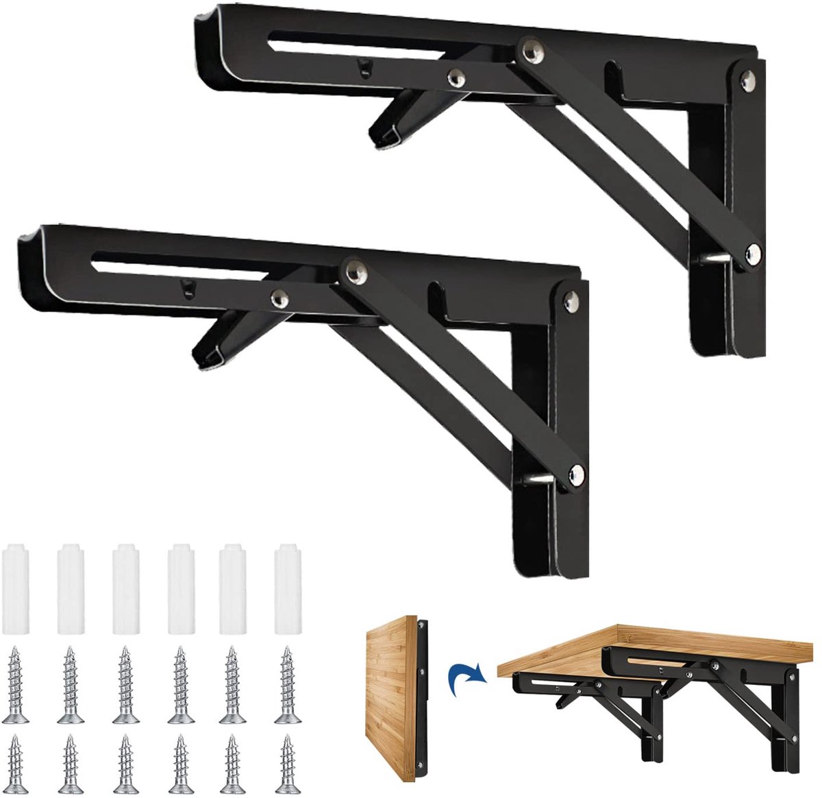 2 Stuks 300mm Vouwende Steun Op Zwaar Werk, Hoekplanksteunen, Vouwende Planksteunen, Planksteunen & Steunen, Vouwend Scharnier voor Home Kitchen Office Barbecue Muursteun (Zwart)