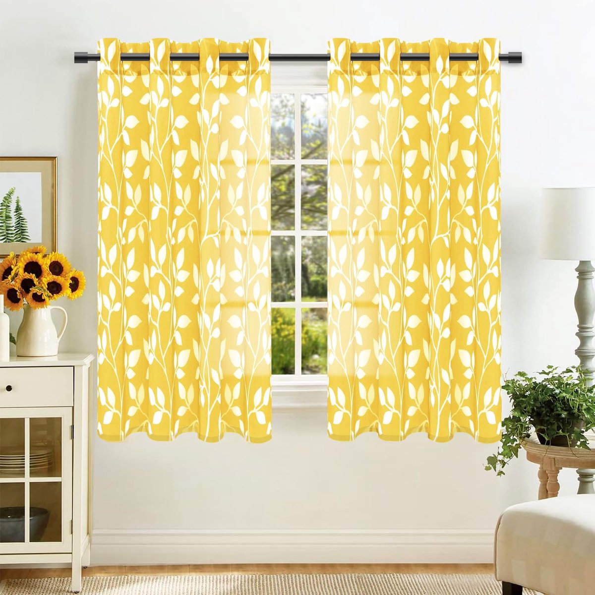 Gordijn, kort, transparant, 140 x 160 cm, voor keuken, raam, slaapkamer, gele gordijnen, interieurgordijnen, woonkamer, van voile, met oogjes, bedrukt, bladeren, 2 stuks