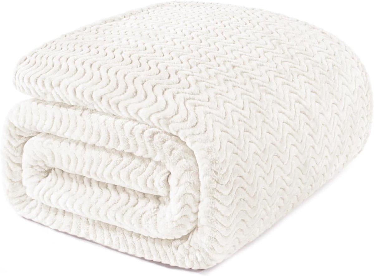 Mezcla Queen Size Flanel Fleece Deken, 230x230 CM Zachte Jacquard Weave Wave Patroon Fluwelen Pluche Bed Deken, Ivoordeken