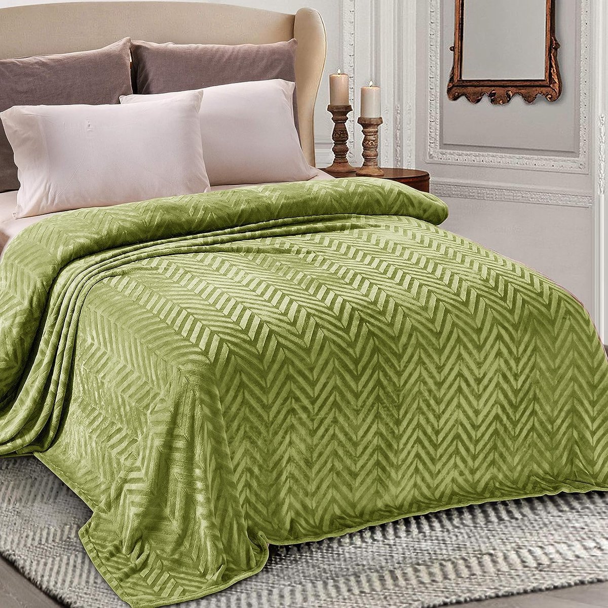 Flotilla Fleecedeken, visgraatpatroon, 230 x 270 cm, bankplaid, zachte warme flanellen deken voor bed, olijfgroen