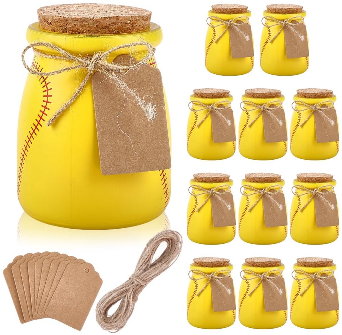 Dailygoods- Glazen Pot 100ml - Set van 12 - Met Kurk Deksel - Inclusief Jute Koord - Kraft Papieren Cadeautags - Honkbalprint Decoratie - Opslagpot