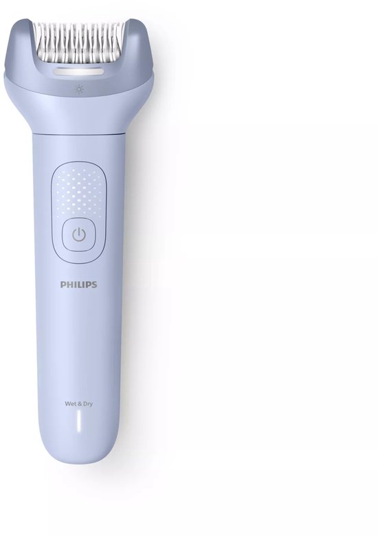 Lichtblauwe Philips epilator met Opti-light en "Wet & Dry" opschrift