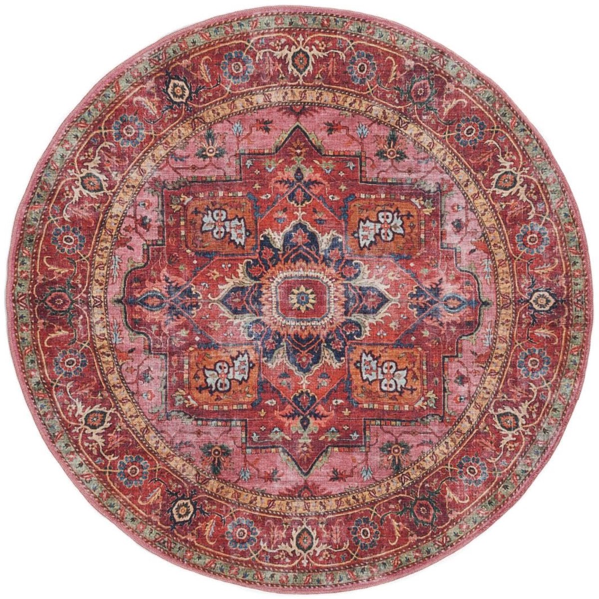 Georgia Oriental, Vloerkleed, Oosterse, Ø 160 cm, Rond, Laagpolig, Woonkamer, Slaapkamer, Keuken, Machinewas, Rood/Roze