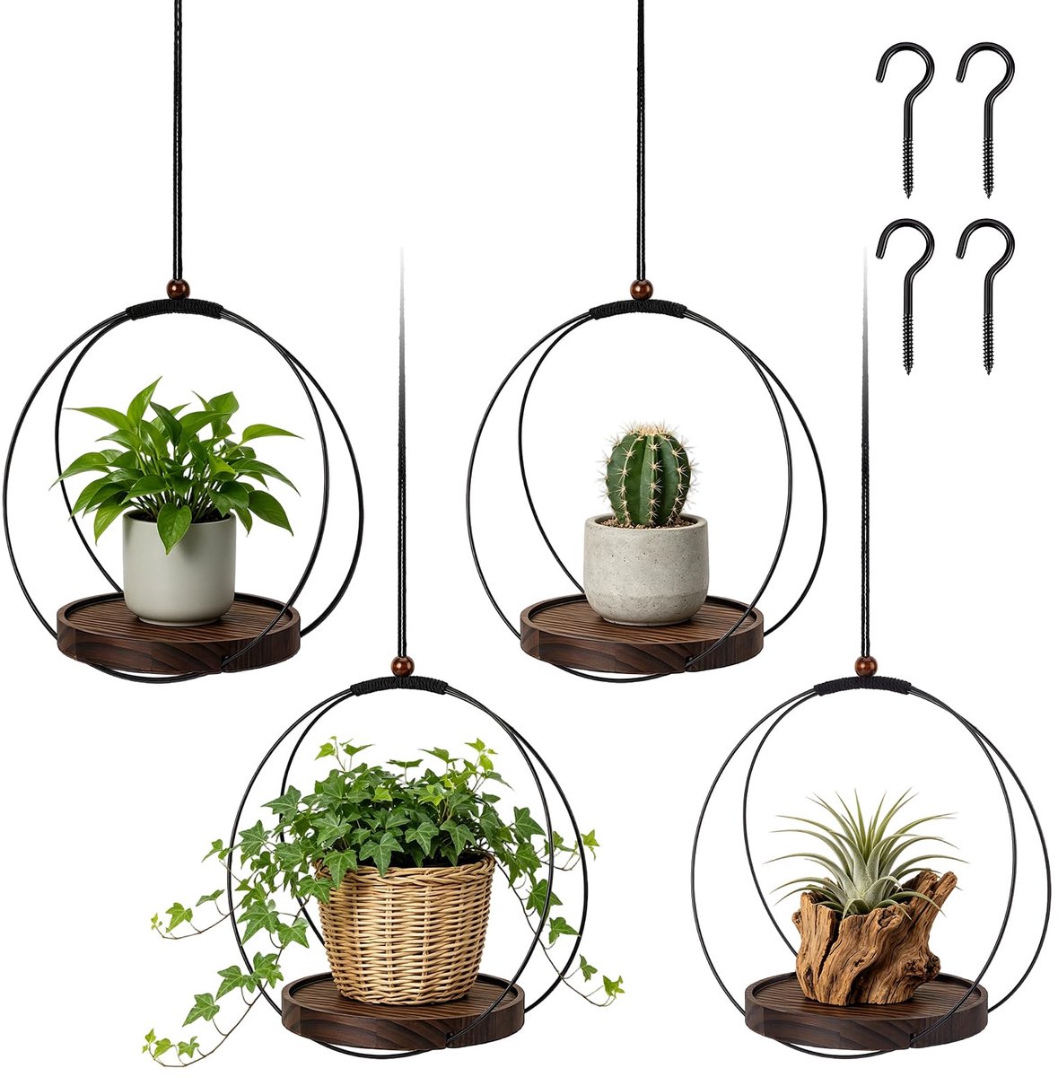 peacoblue Set van 4 hangende plantenhouders voor kamerplanten met stabiele ronde houten basis, zwart metalen frame en hangende plantenpothouders voor muur, plafond (planten/potten niet inbegrepen)