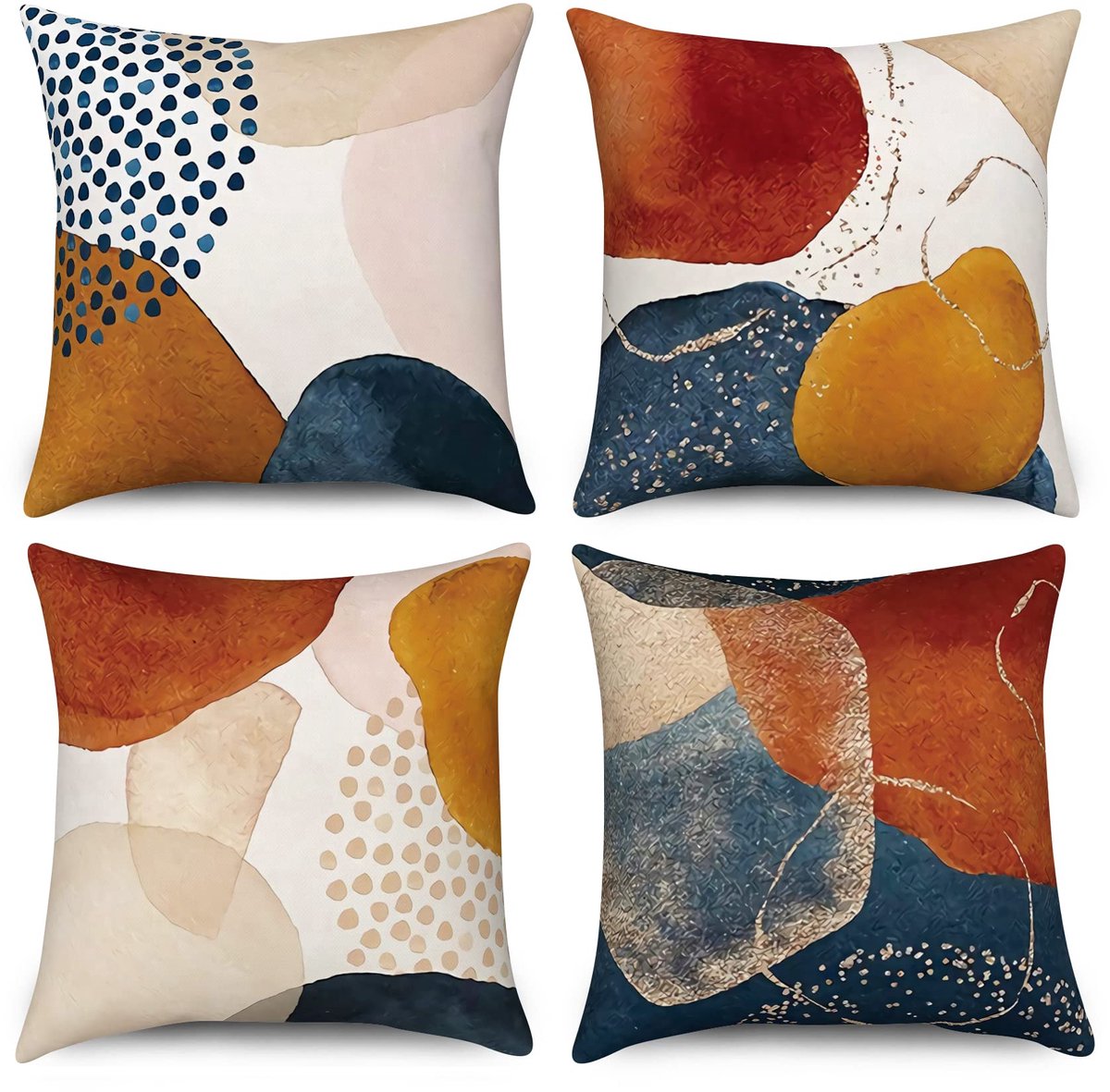 kussenslopen 40 x 40 cm set van 4, Mid Century abstract esthetisch marineblauw verbrand oranje sierkussenhoezen geometrische minimalistische moderne kunst linnen kussenslopen voor bank