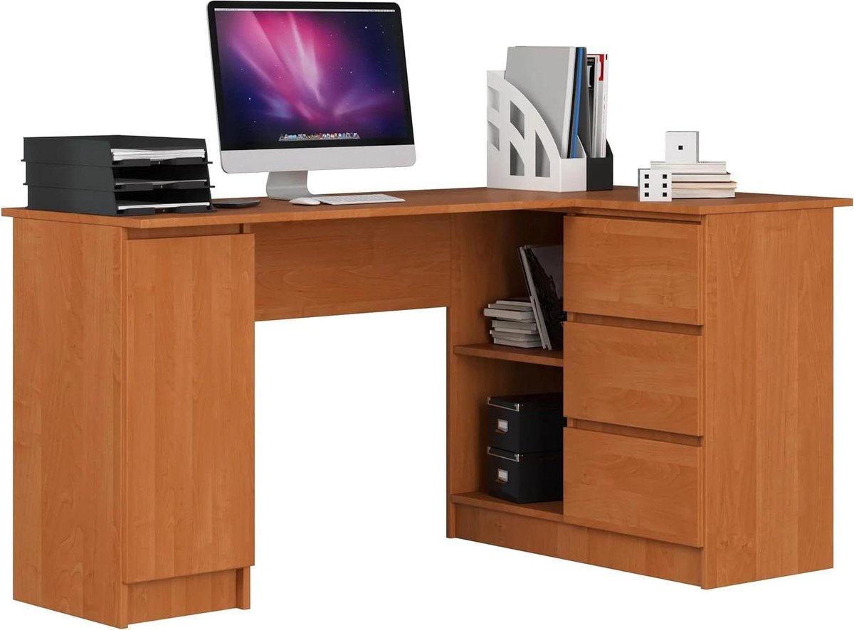 Hoekbureau - Thuiskantoor bureau - Efficiënt werken - Veel opbergruimte - 155 x 77 x 85 cm - Elzenhout