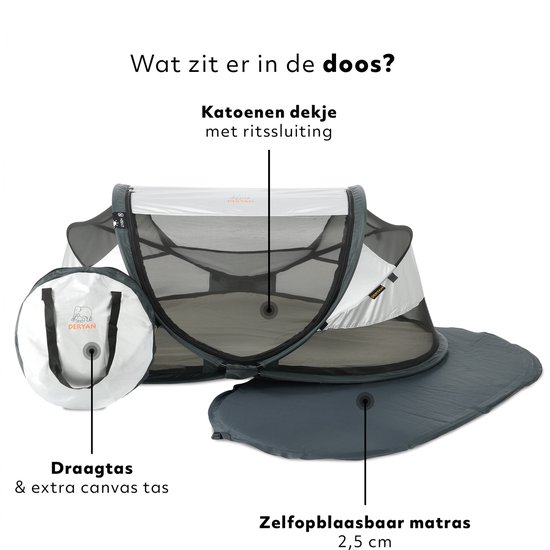 Deryan campingbedje met zelfopblaasbare matras, katoenen deken en draagtas.