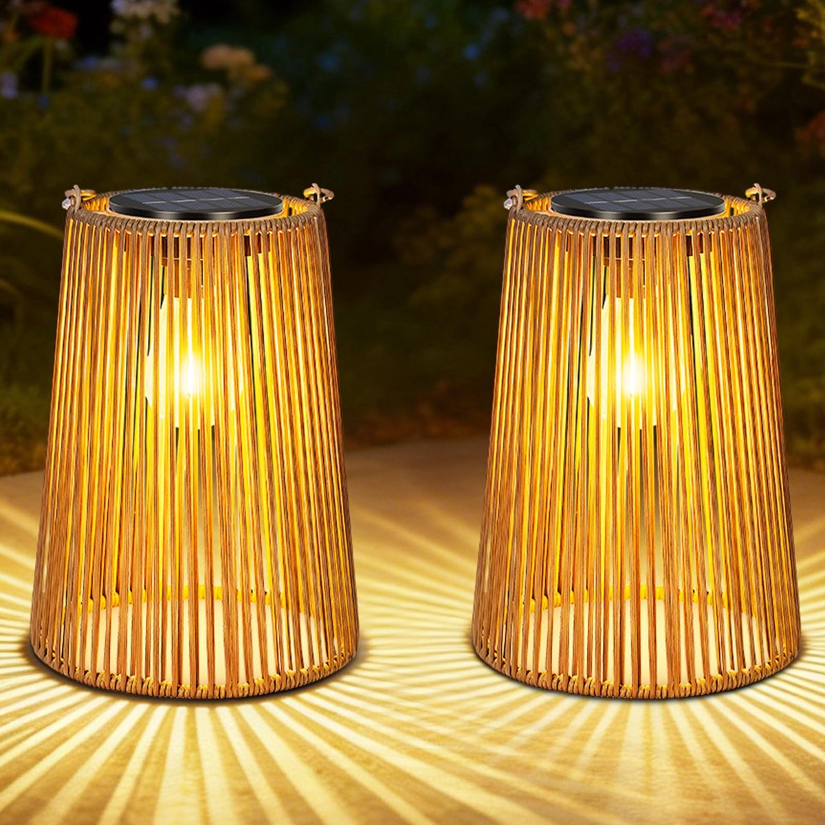 Lantaarns, Waterdicht, Rattan Hanglampen met Handgrepen voor Terras, Tuin, Binnenplaats en Veranda, 2 Stuks