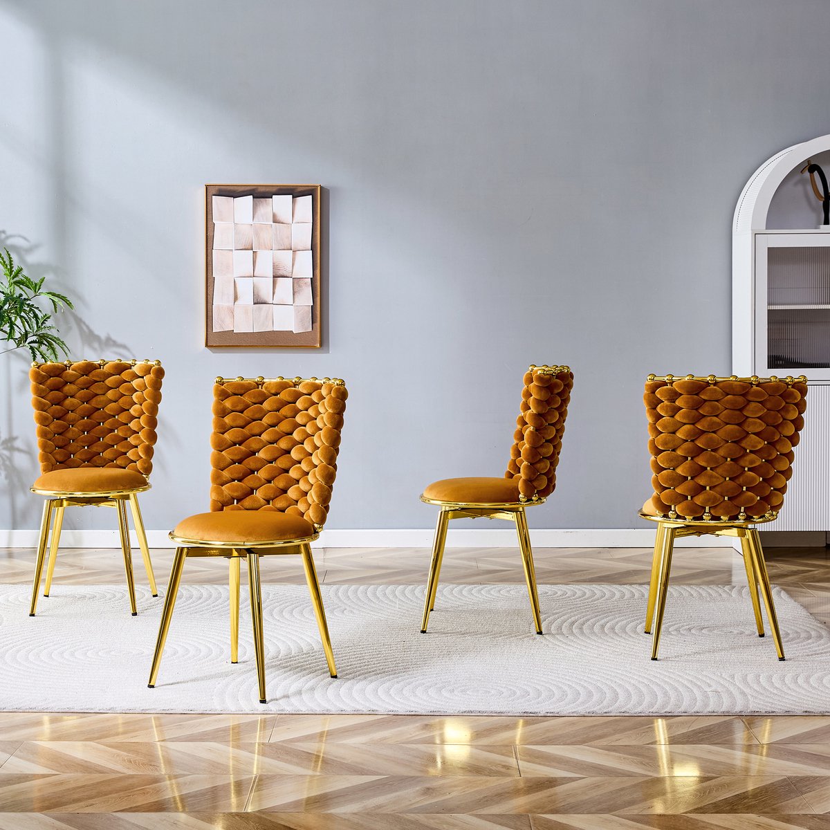 HAUSS SPOLE Eetkamerstoel - Luxe Velvet Design - Set Van 2 - Gevlochten Rugleuning Met Gewatteerde Zitting En Goudkleurige Metalen Poten - Oranje