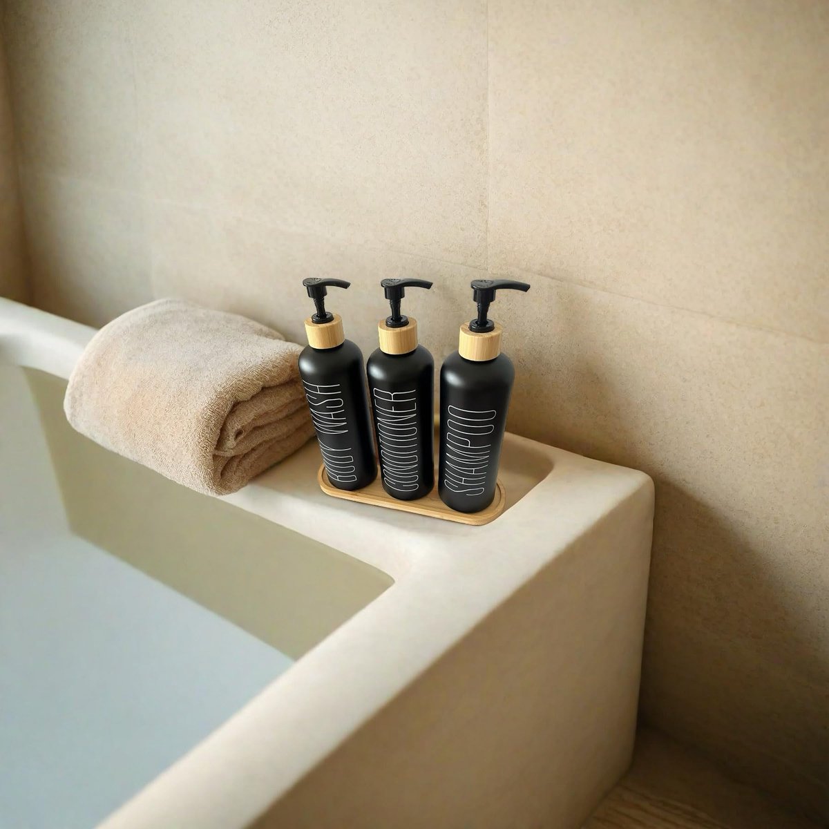 glazen shampoo en conditioner dispenserset met bamboe pompen en lade - 3 navulbare flessen voor de douche, vooraf geëtiketteerd voor body wash, shampoo, conditioner - 500ml/16.9oz elk — cadeau in Wonen & Interieur - foto 5