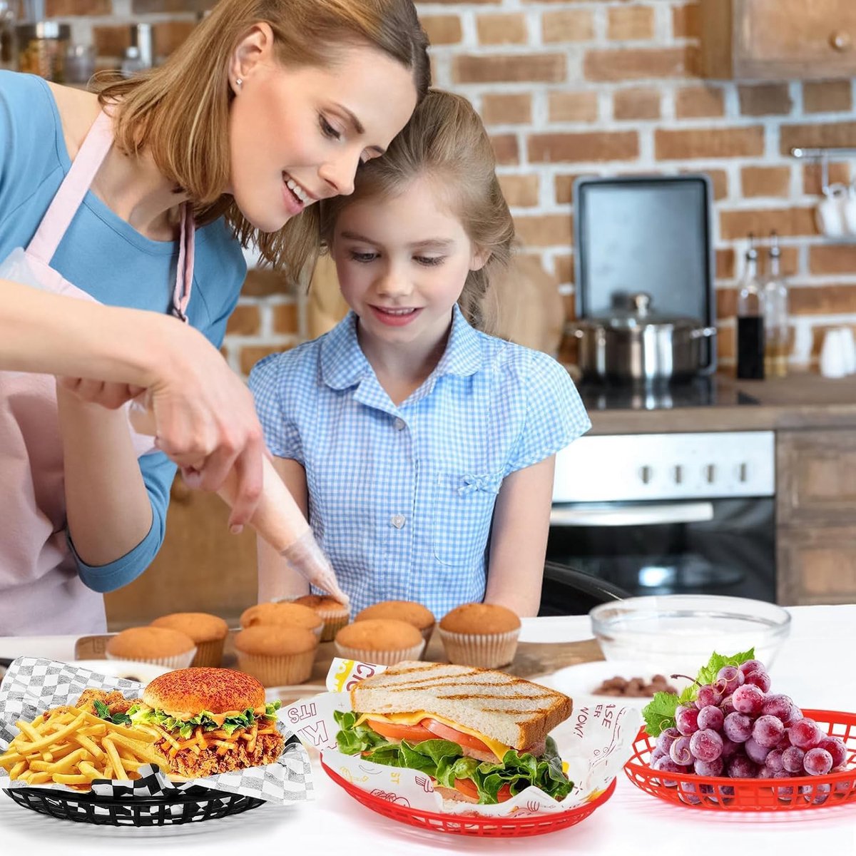 8 stuks zwart+rood herbruikbare plastic ovale fruitmand voor hamburgers, friet, snoep, chips, feest, picknicks, barbecue