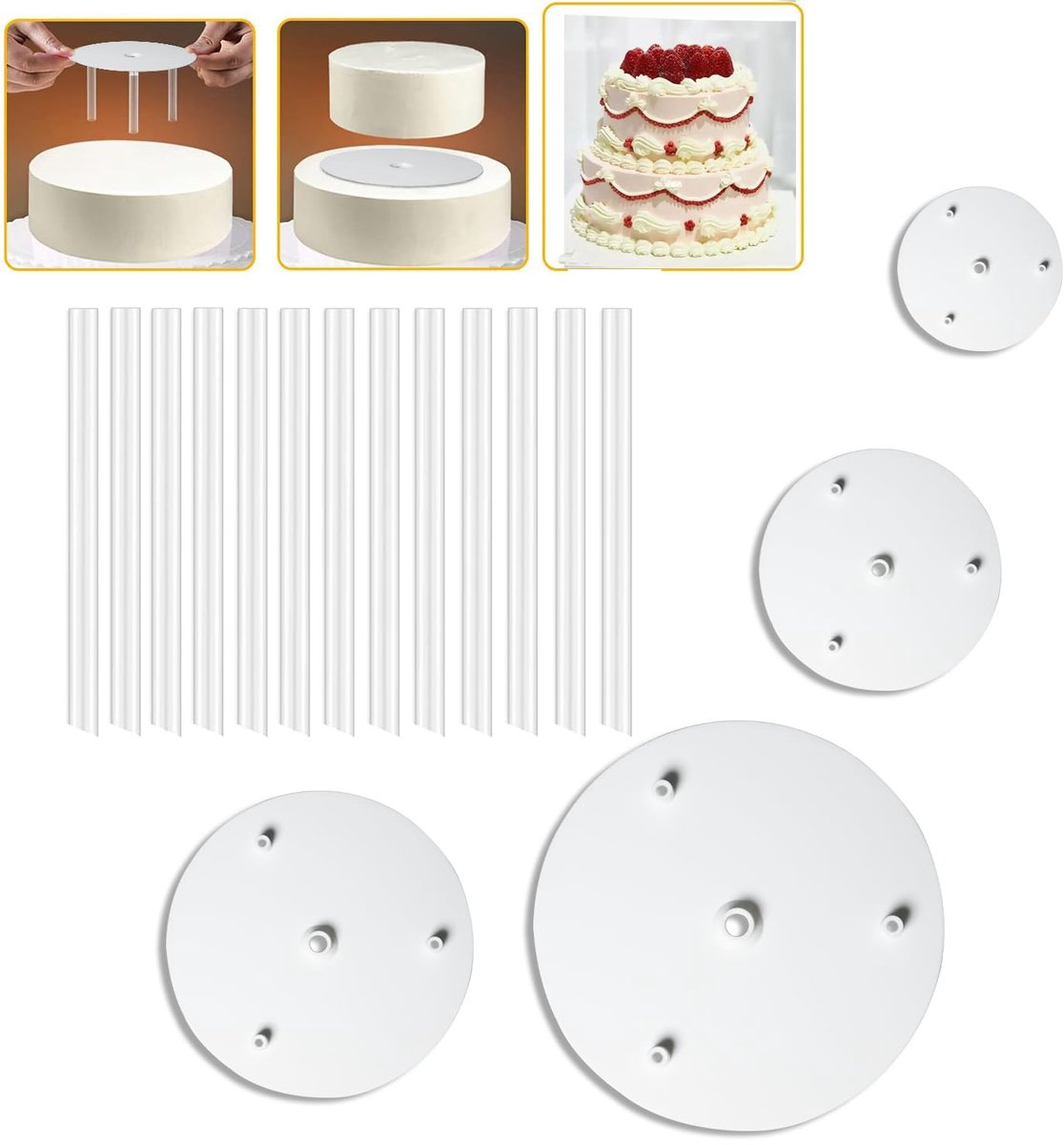 1mm Ultradunne & Harde Taart Standaard (16-delig), Onzichtbare Stapelhulp met 4-Gaten voor Zware Bruidstaarten - 4 Platen (9/12/16/20cm) & 12 Heldere Stokjes, BPA-vrij