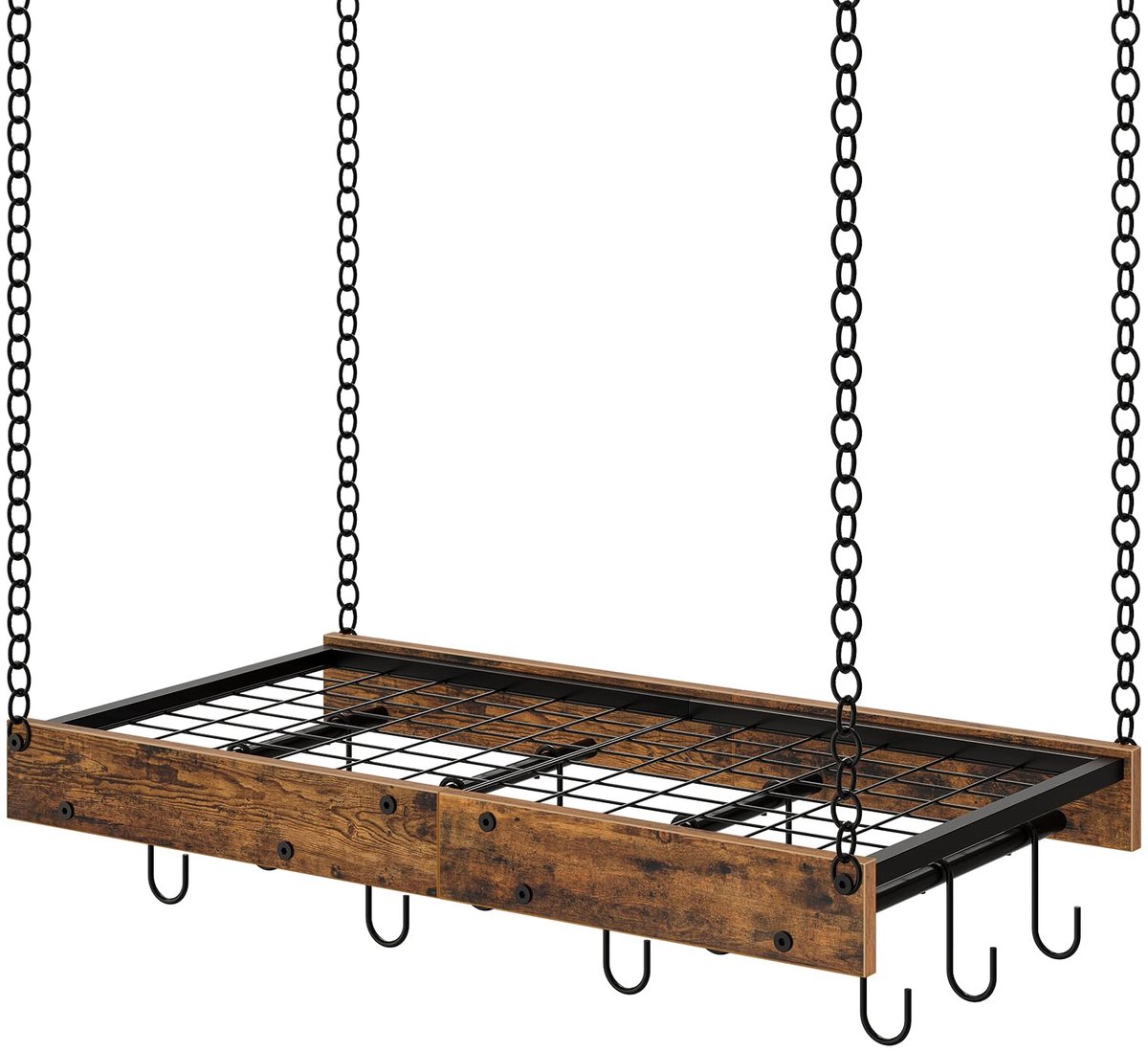 Hangende pottenrek, vintage pothangers voor keuken, plafondgemonteerde pottenrek, pot en pan opknoping rek met 12 S-vormige haken, voor kookgerei opslag, rustiek bruin en zwart TPR01BF