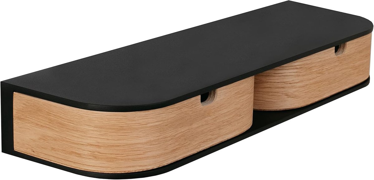 Zwevend rek met 2 laden en hangende houten wandplank (zwart/eiken, plank)